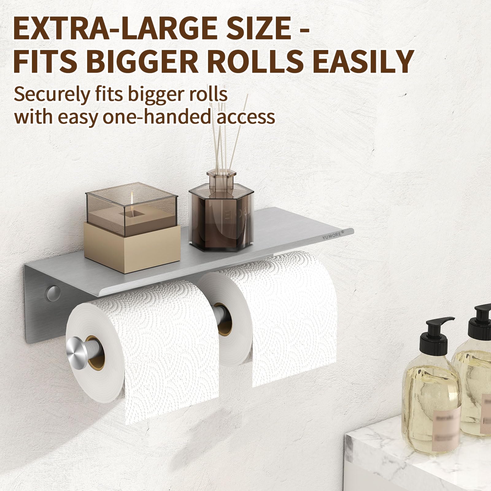 YUMORE Toilet Paper Holder, SUS 304 Stainless Steel Modern Double Roll Tissue Holder with Phone Shelf - Image 4