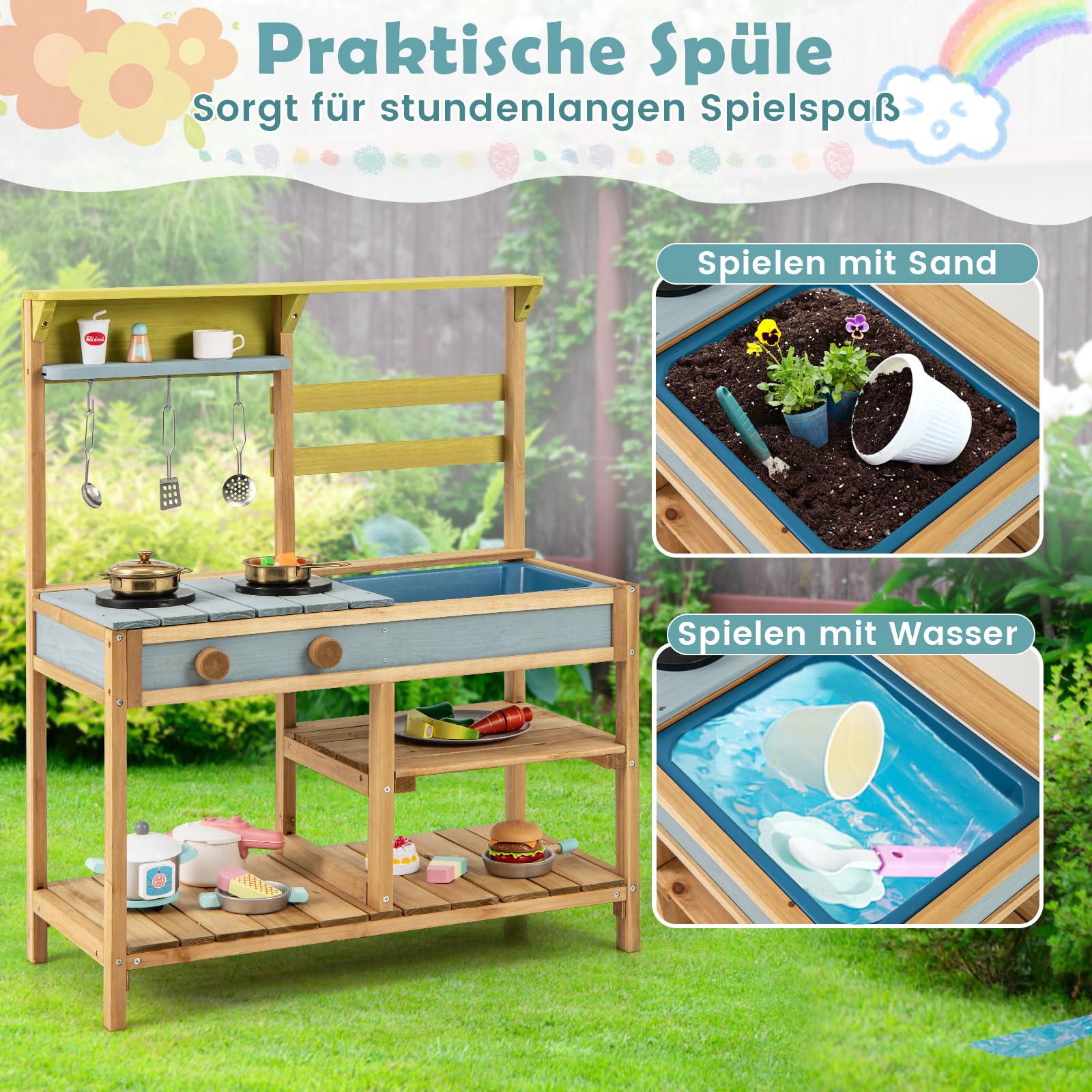 COSTWAY Matschküche Kinder Outdoor, Kinderküche Holz mit Spüle, Spielküche mit Haken & abnehmbarem Regal, Gartenküche Outdoorküche für Kinder ab 3 Jahren
