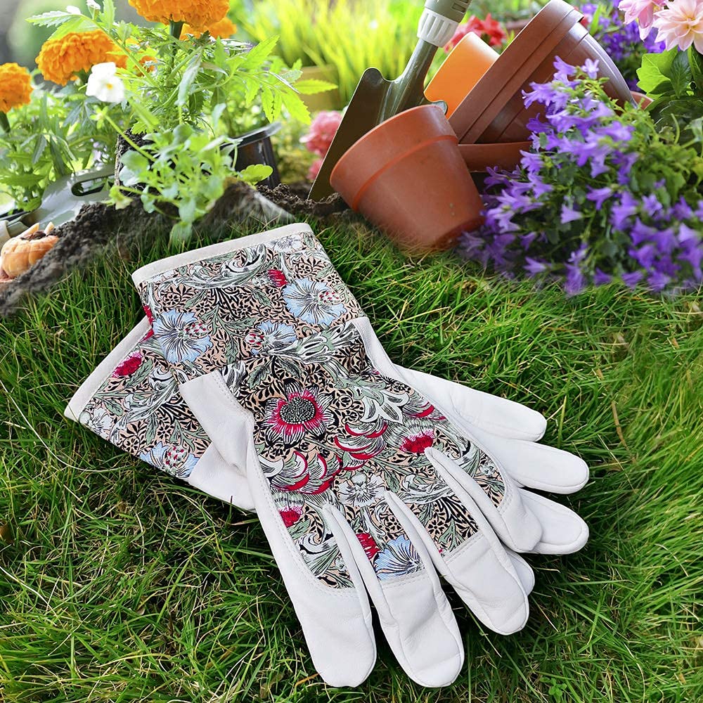 1 par de guantes de trabajo de jardín QEAR Lady, palma de cuero de cabra premium, parte trasera de algodón y puño de seguridad para protección de muñeca y brazo inferior, resistencia a las espinas