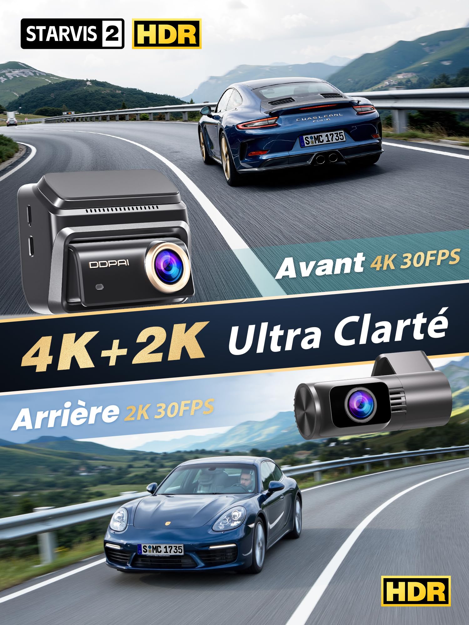 DDPAI Z90 Pro Dashcam 4K+2K, Double STARVIS 2 (IMX678 & SC431AI), 64GB eMMC, Vision Nocturne + Anti-Scintillement, Autoroute 3K/60fps, GPS/ADAS, 5G Wi-FI, 4G LTE, Surveillance de stationnement 24h
