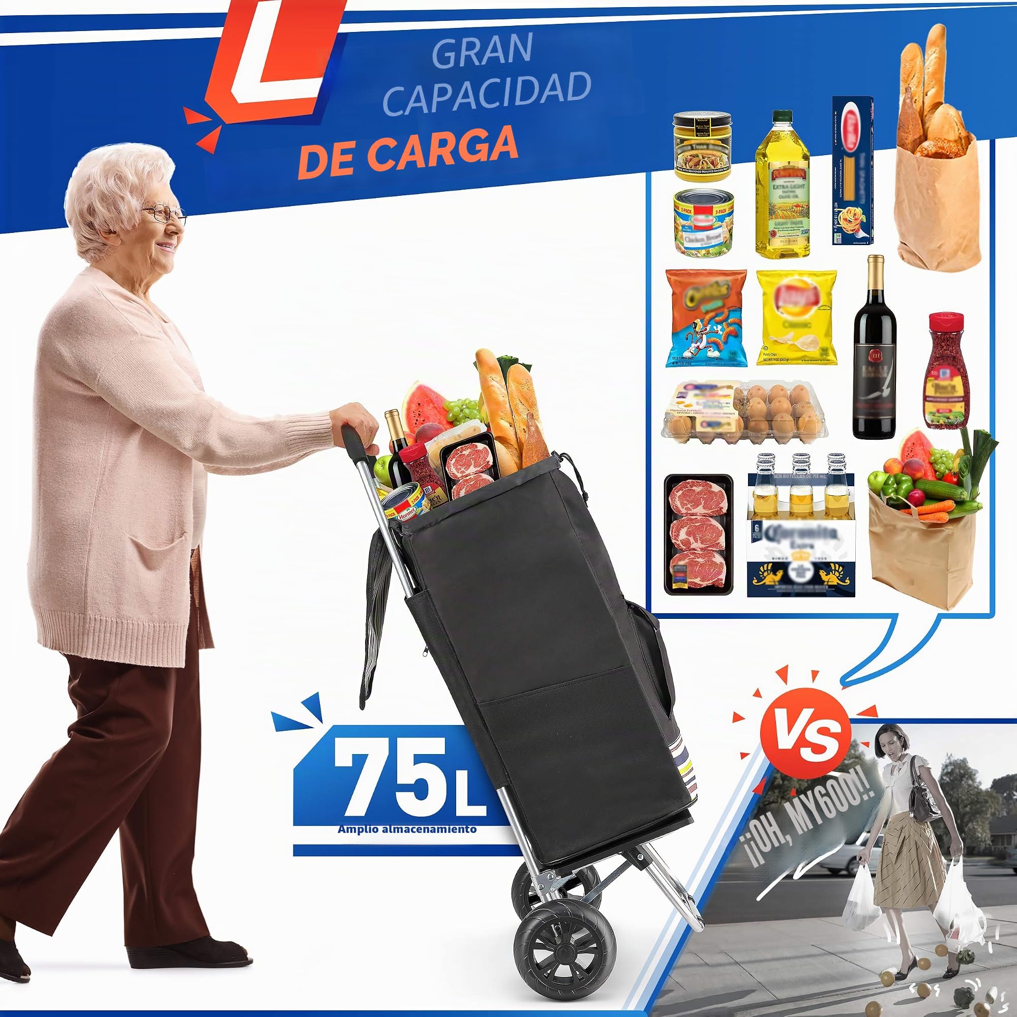 Carrito de Compras, 75L Plegable Carrito de Mercado, 2 en 1 Diablo de 2 Ruedas de Compras Trolley con Marco de Acero Inoxidable y Bolsa de Lona Impermeable extraíble (Negro)