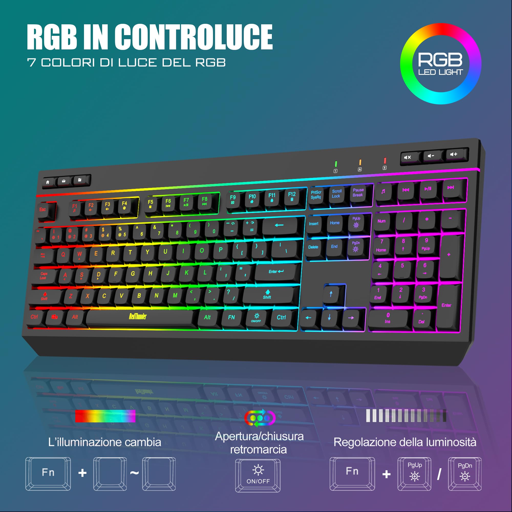 RedThunder K20 Combo Tastiera e Mouse Wireless, Tastiera Full-Size Anti-ghosting con Tasti Multimediali + Mouse Ottico 7D 4800DPI, Set da Gioco/Ufficio RGB Ricaricabile per PC Laptop Mac Xbox (Nero)