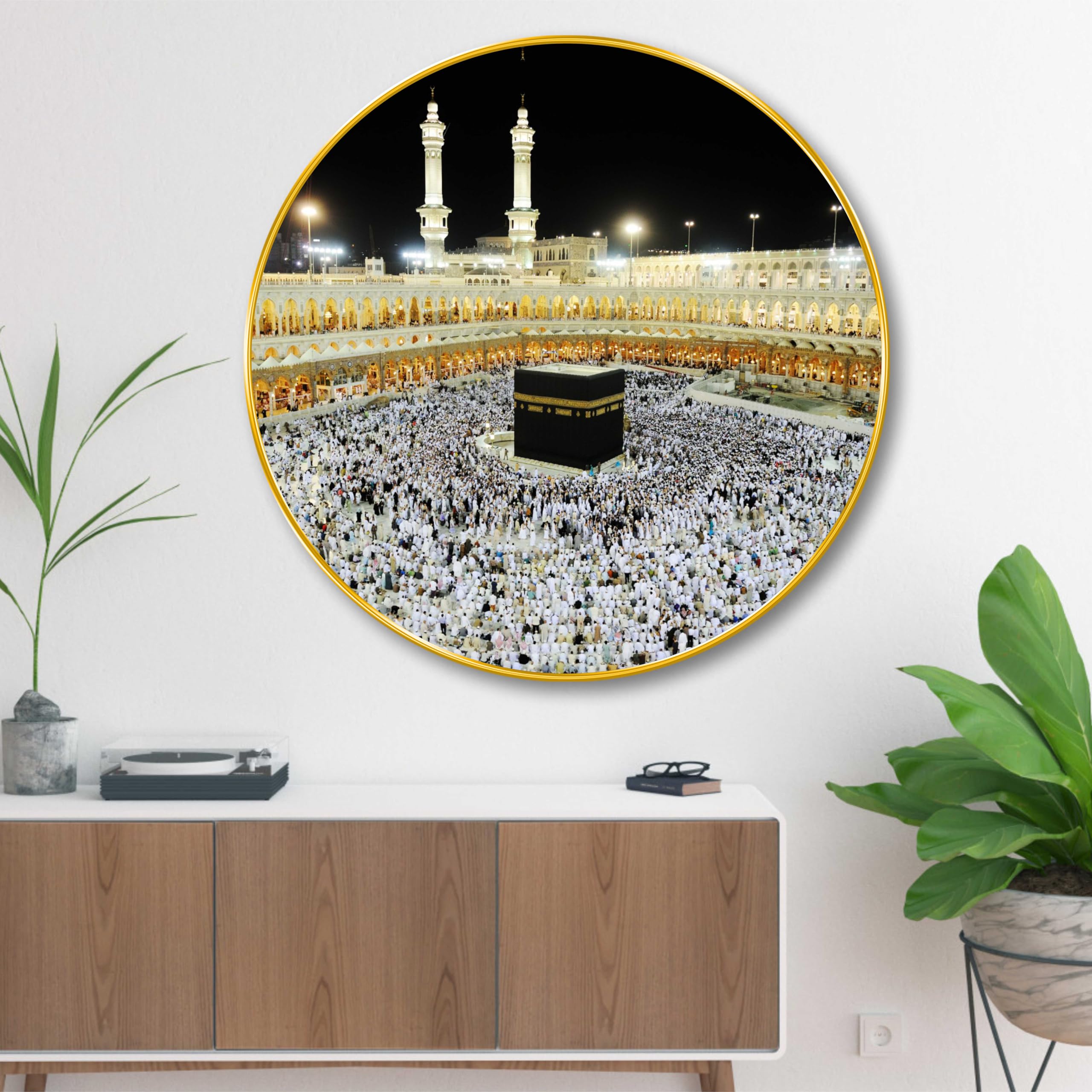 Livin'luxe Kaaba Round Wall Painting with Golden Frame | Islamic Religious Art for Home Mosque Office | Mecca Pilgrimage Wall Hanging Décor | Spiritual Islamic Gift (16 X 16 Inch) GRM-250