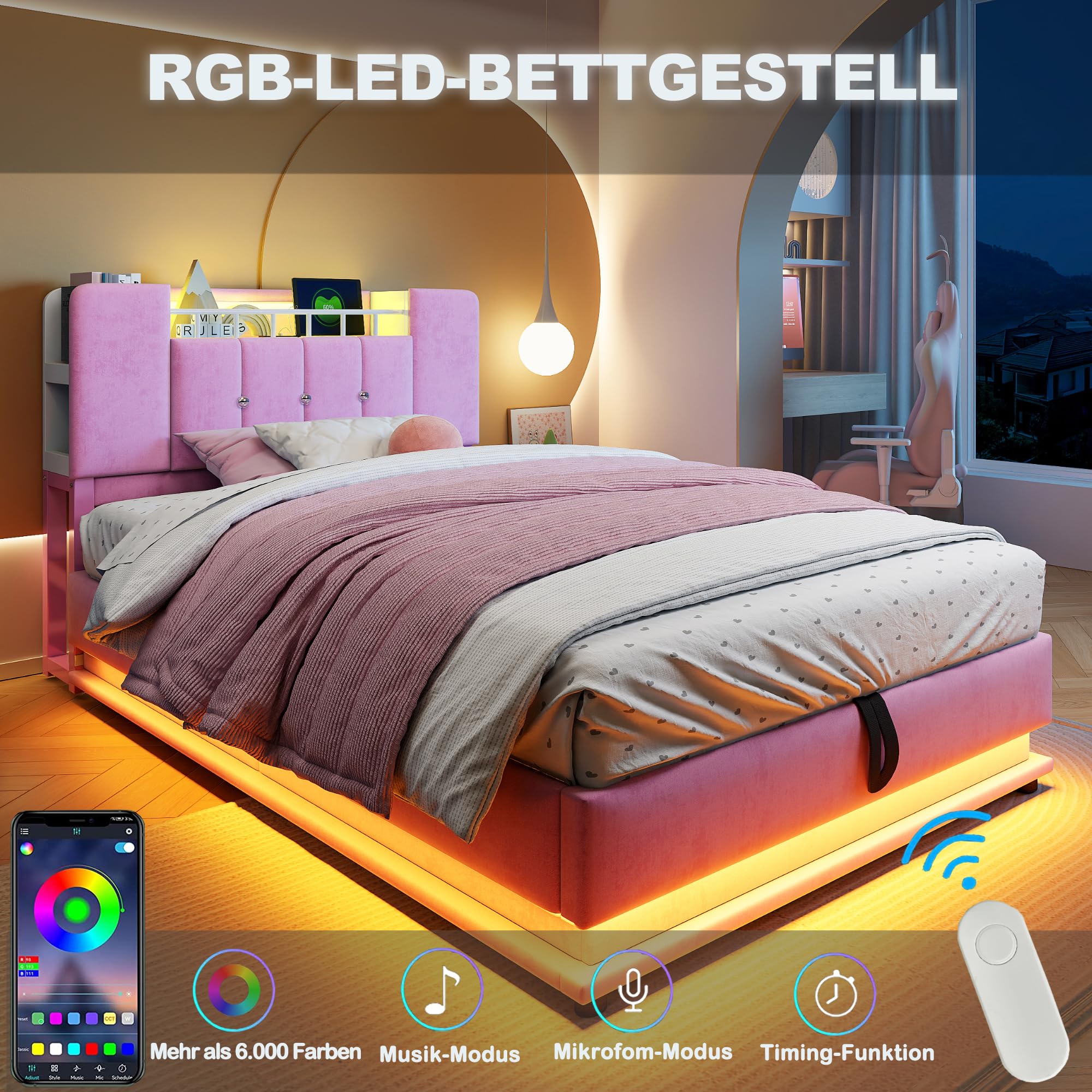 Łóżko tapicerowane 90 x 200 cm, łóżko dziecięce ze światłem, USB