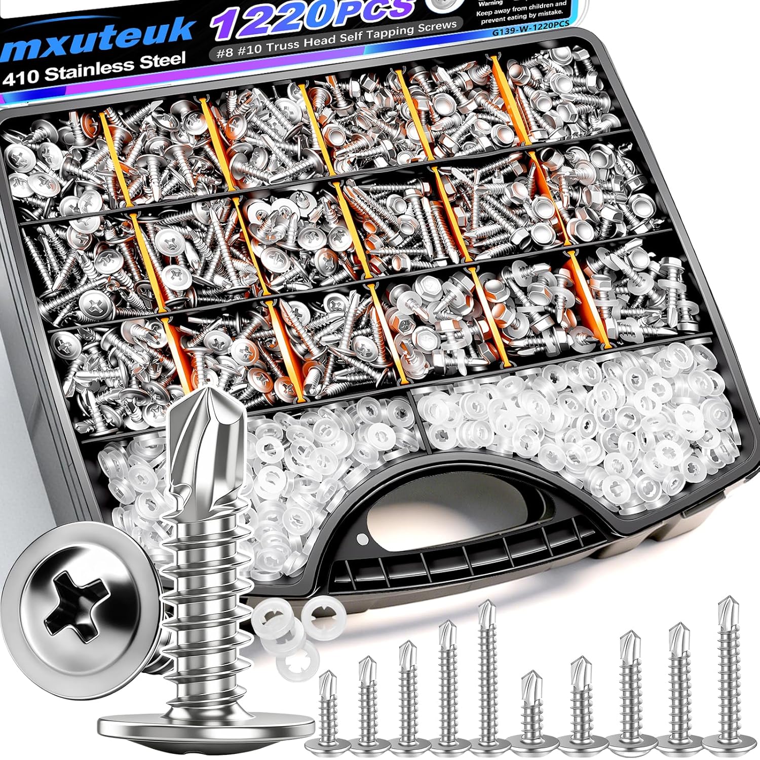 mxuteuk 1220PCS #8#10 Self Tapping Screws for Metal,410 Stainless Steel Self Drilling Screws,Truss Head 1/2" to1-1/2'' Self Tapping Screw for Plastic(610pcs Screw+610pcs Washer)