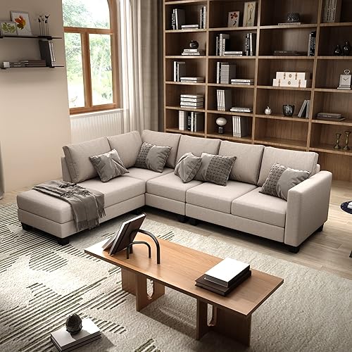 UNIROI 107" Textured Sectional Living Roome Funiture Sofa Set, 7 Seaters with Track L-Shaped Couch for Home Office, Left-arm Facing Chaise, Warm Grey Fabric