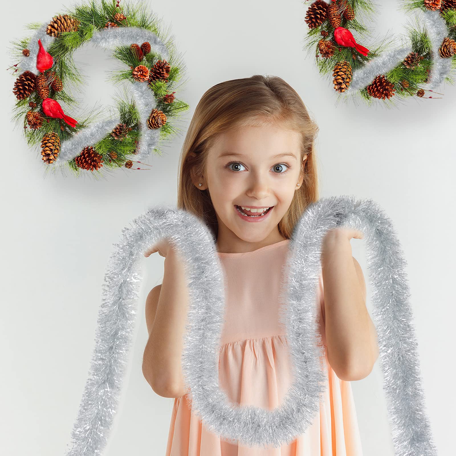 SANNO Lametta-Girlande 9,8m – Glitzernd, Silber Mit Schneerand, Für Weihnachtsdeko Und Partys
