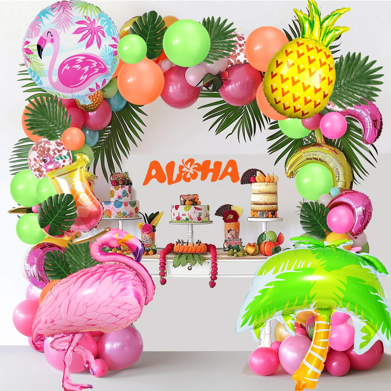 Cadeya 115 Pcs Tropical Confetti Balloons, Huge Flamingo Pineapple Coconut Tree Aluminum Foil Balloon Green Pink Helium Latex Balloon for Birthday, Aloha Party, Hawaiian Luau Party Decoration Supplies