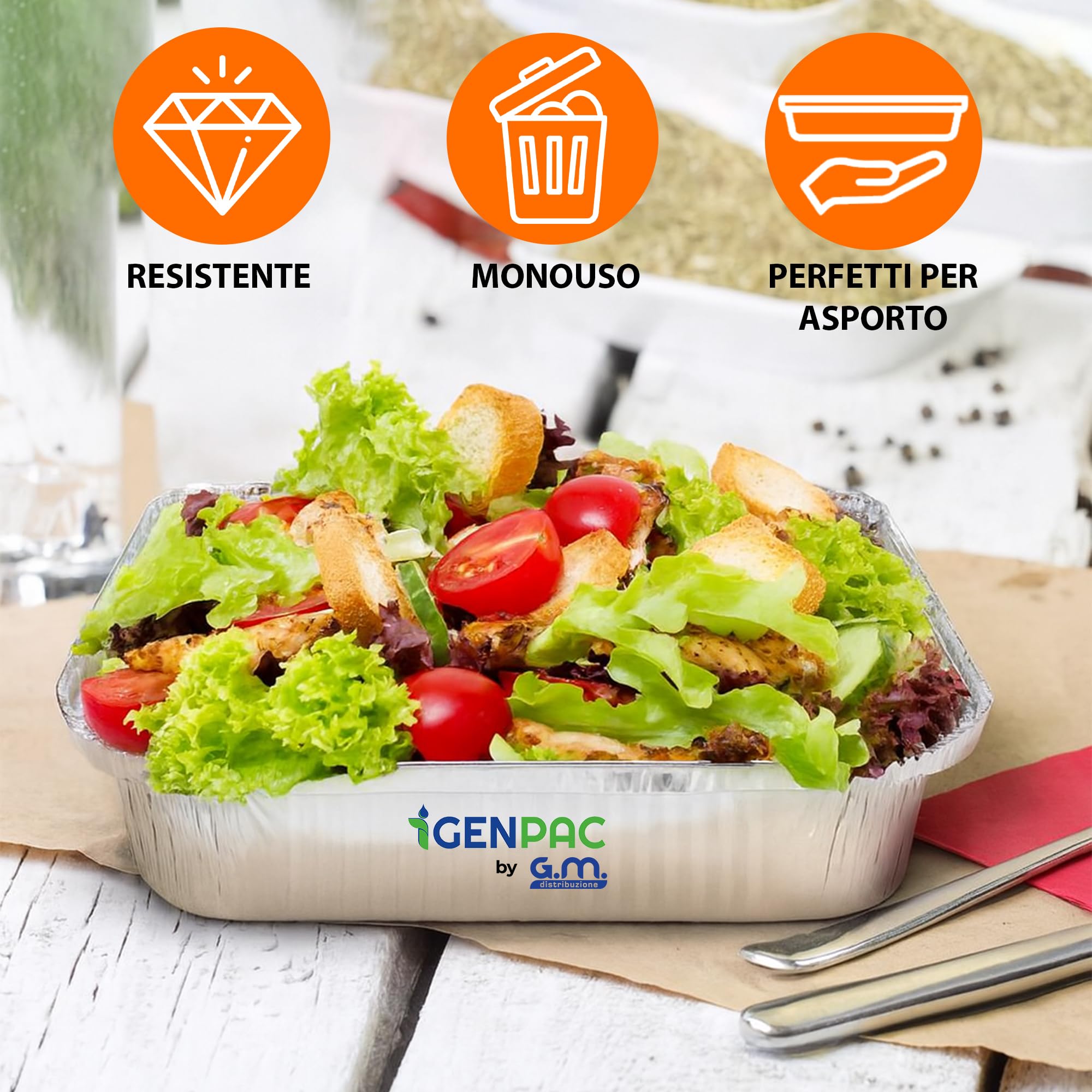 GM – 100 Contenitori in Alluminio 8 Porzioni 2625 cc Senza Coperchio, Vaschette Rettangolari Extra Grandi per Forno e Congelatore, Gastronomia e Catering – 32,2×26,2×4h cm