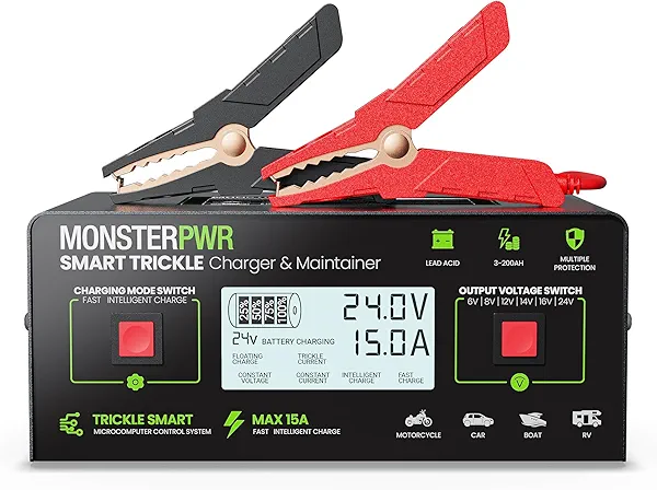 MonsterPwr Battery Charger 6V/8V/12V/14V/16V/24V for Lead Acid Batteries, 0-15A Adjustable Smart Trickle Charger Onboard Battery Desulfator Maintainer for Golf Cart Car Motorcycle Lawn Mower Marine RV