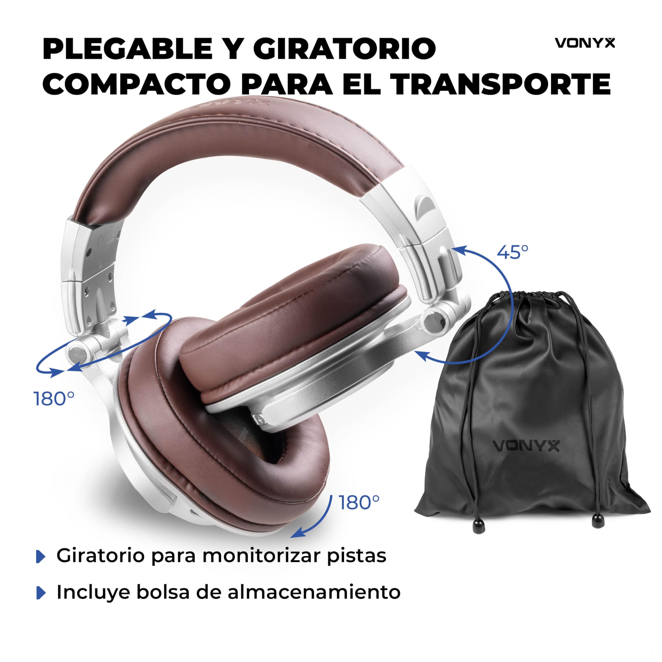 Vonyx HDX120WSN – Auriculares Bluetooth DJ BT 5.3, batería 75h, Drivers 40 mm, Jack 3,5 y 6,3 mm, Auriculares inalámbricos DJ Plegables con Cable para música y Estudio, Color Aluminio