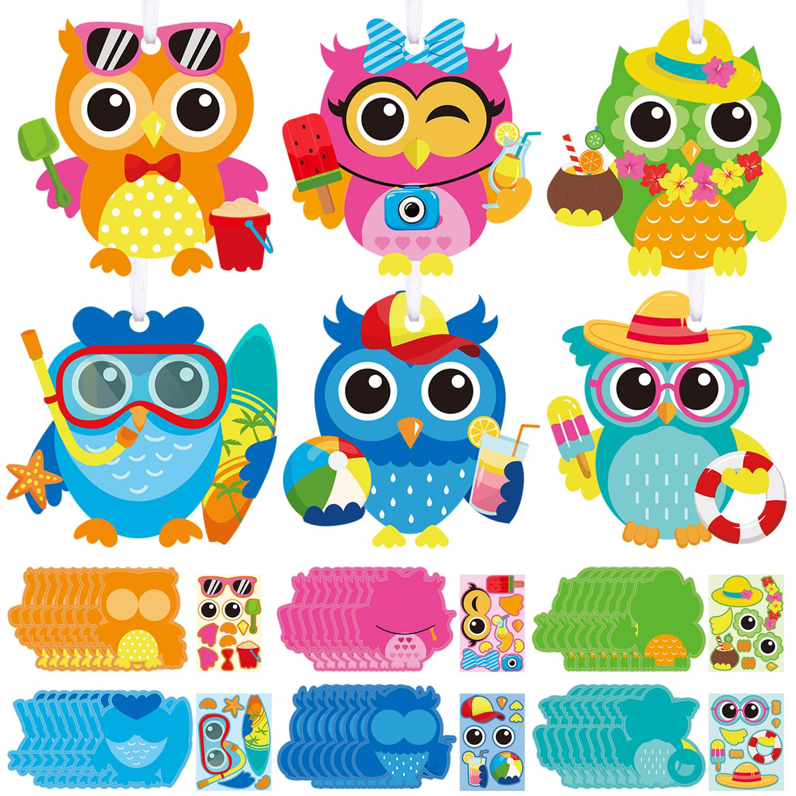 Pasimy 48 Pack Summer Craft Kits for Kids - DIY Hawaii Aloha Owl Craft Preschool Art Set - Make Your Own Owl Ornament Kit for Party & Classroom Activities