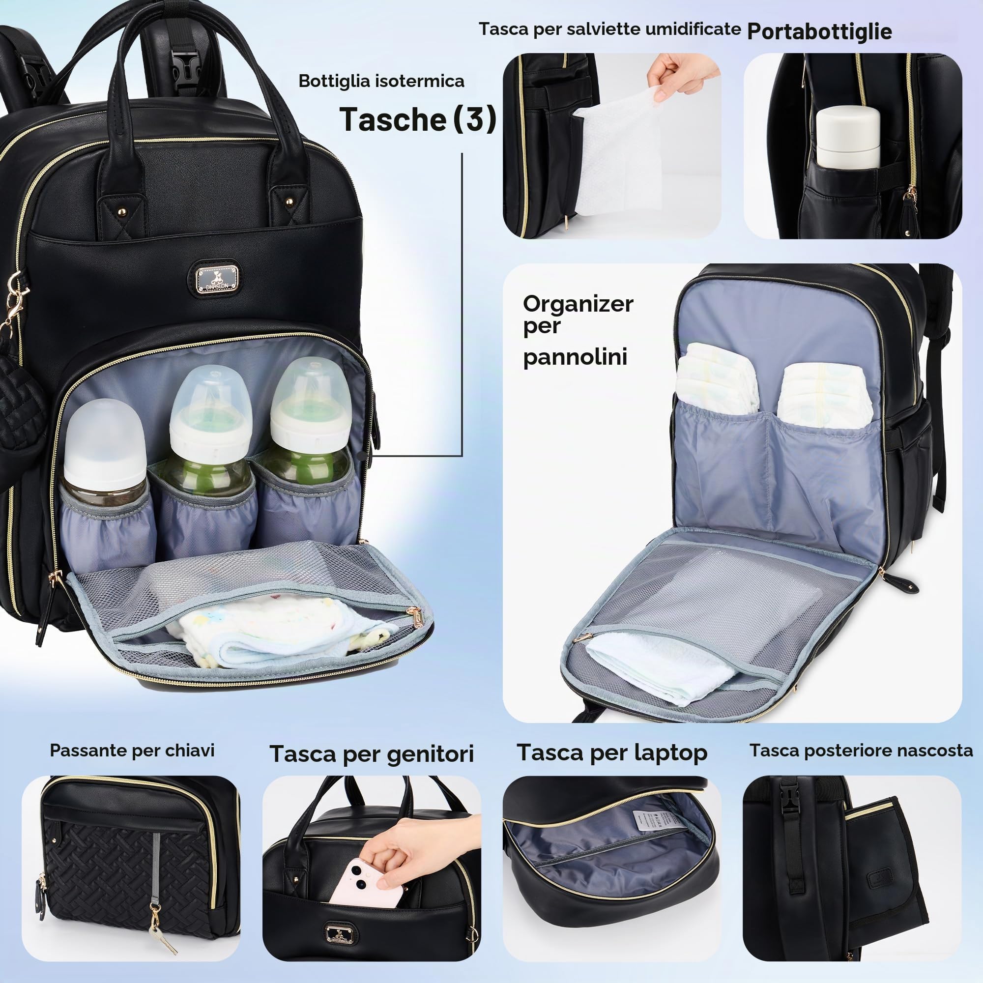 Dikaslon Borsa Zainetto Fasciatoio, Grande Multifunzione Zainetto Bebè Portatile, Porta Ciuccio e Cinturini per Passeggino, per Mamma e Papà Nero
