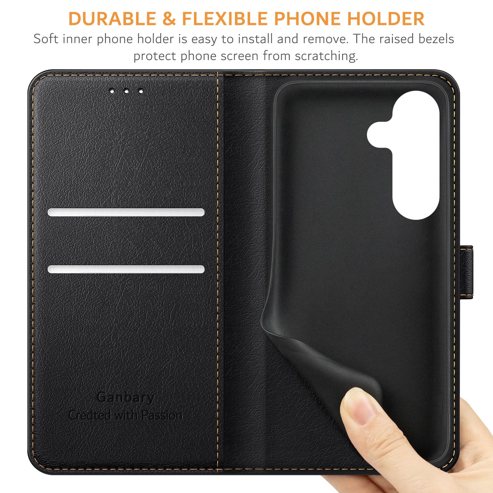 Ganbary Etui kompatybilne z Samsung Galaxy S25 FE, wysokiej jakości etui z klapką ze skóry PU do Samsung Galaxy S25 FE [pełna ochrona] [przegródki na karty] [podpórka], czarne