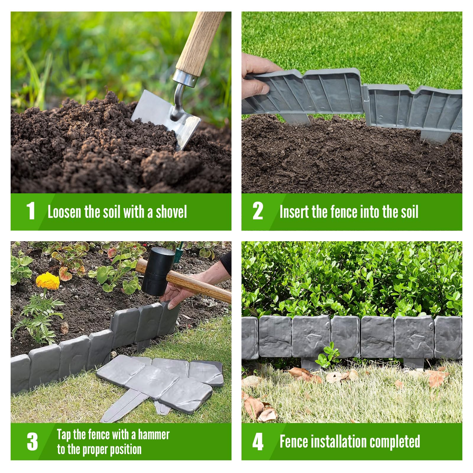 Bordo Per Giardino EXLECO - Effetto Pietra, 20 Pezzi Per 5 Metri, Plastica Resistente