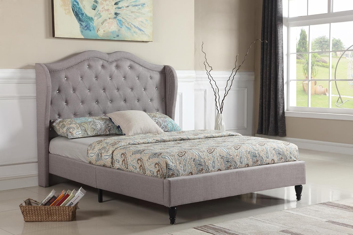 Home Life Premiere Curved Classics Cloth Light Grey Silver Linen 51 Tall Headboard Platform Bed with Slats King - Complete Bed 5 Year Warranty Included 019