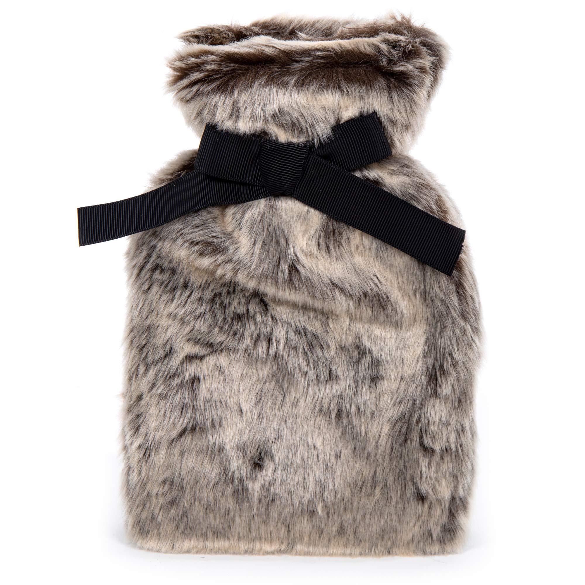 CTG, Bodico Collection, 350ml Hot Water Bottle with Luxe Faux Fur Cover with Black Bow, 8.75 inches, Grey