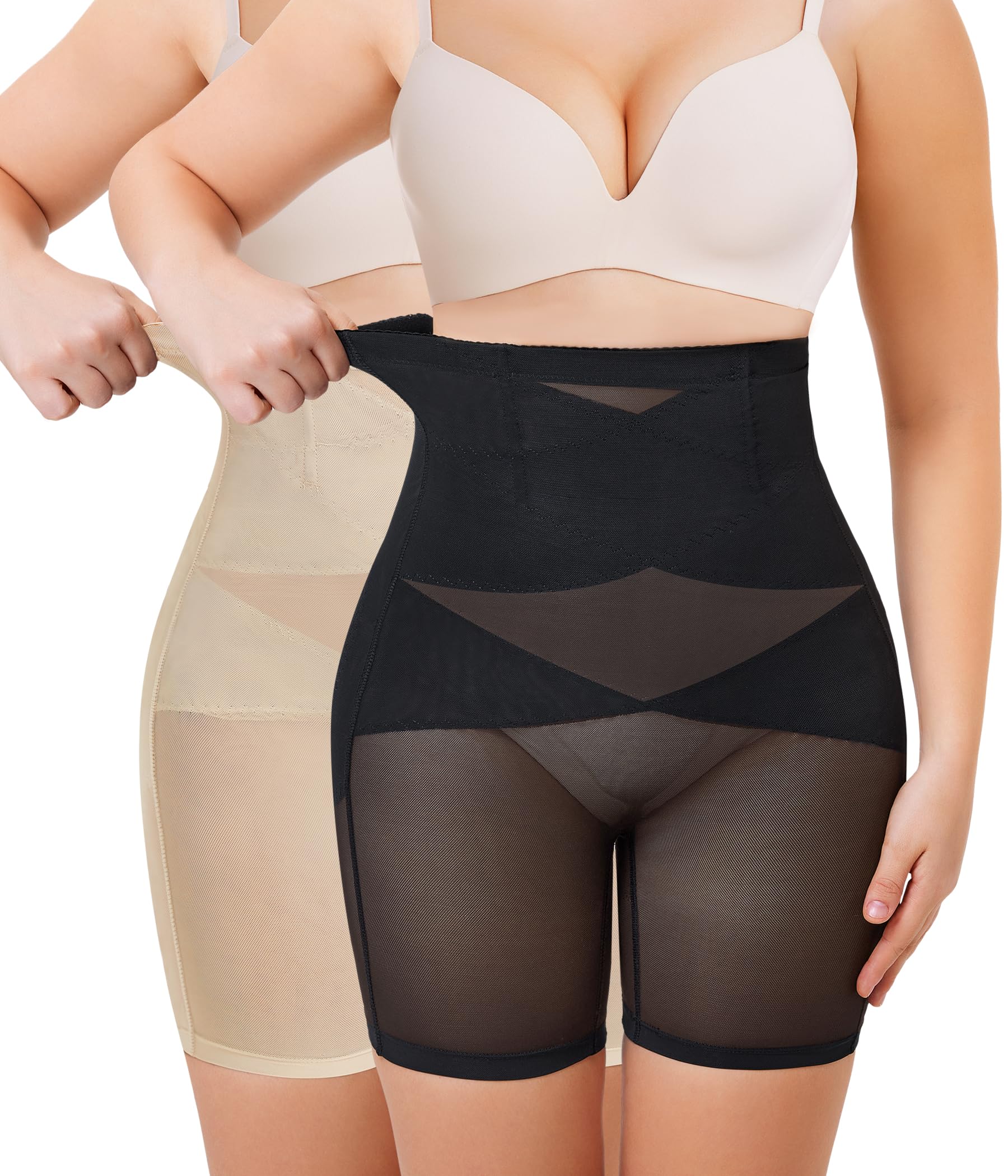 2 Pack High Waist Body Shaper Shorts Womens Tummy Control Shapewear Shorts Waist Trainer Slimming Shapewear Girdle Thigh Slimmer (Black+Beige) - XX-Large