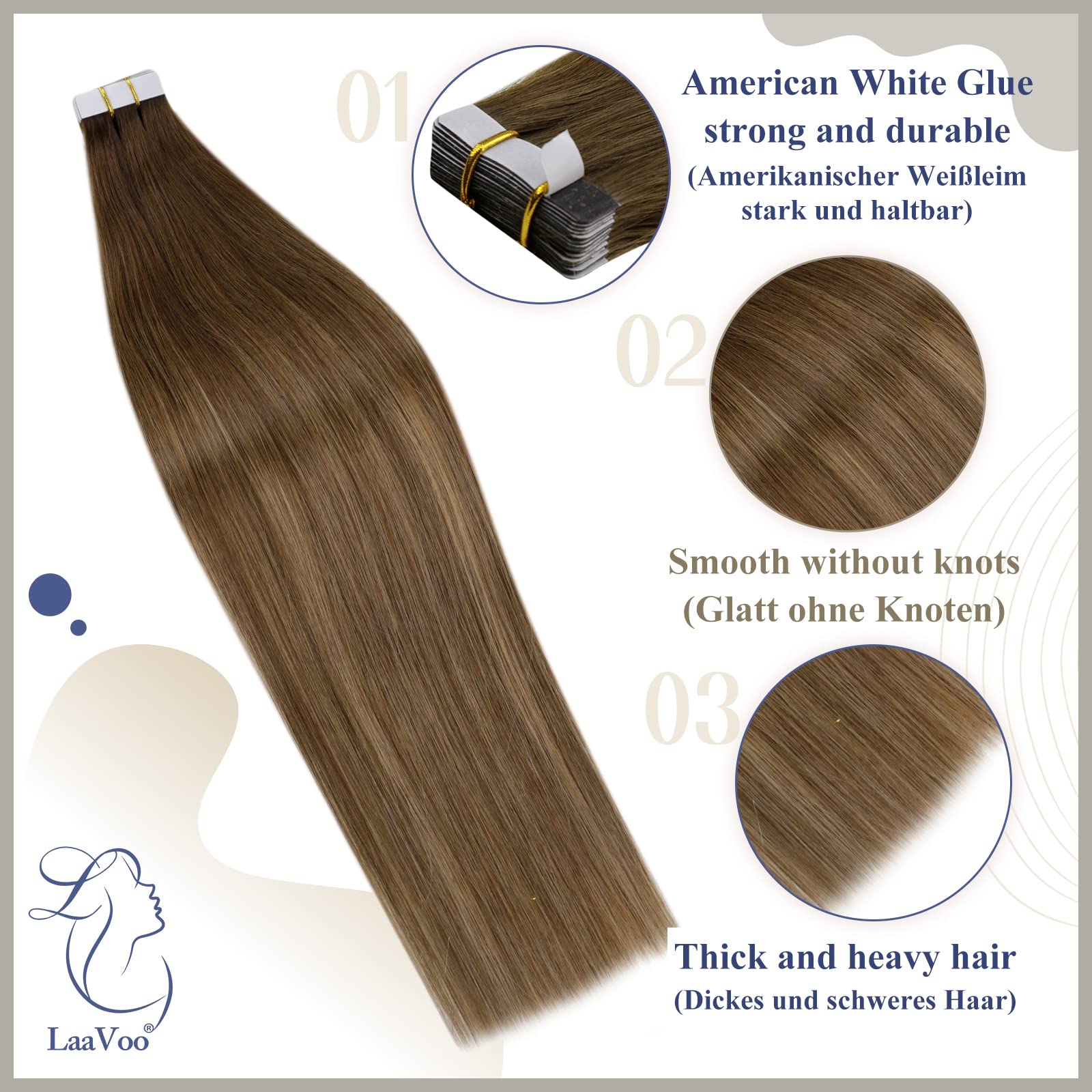 LaaVoo Tape in Hair Extensions Human Hair Brown Tape Hair Extensions Real Human Hair Invisible Tapes Remy Straight Balayage Brown Shadows Hair Double Sided Tabs 20pcs 30g 12 Inch #6/8/14 - Image 2