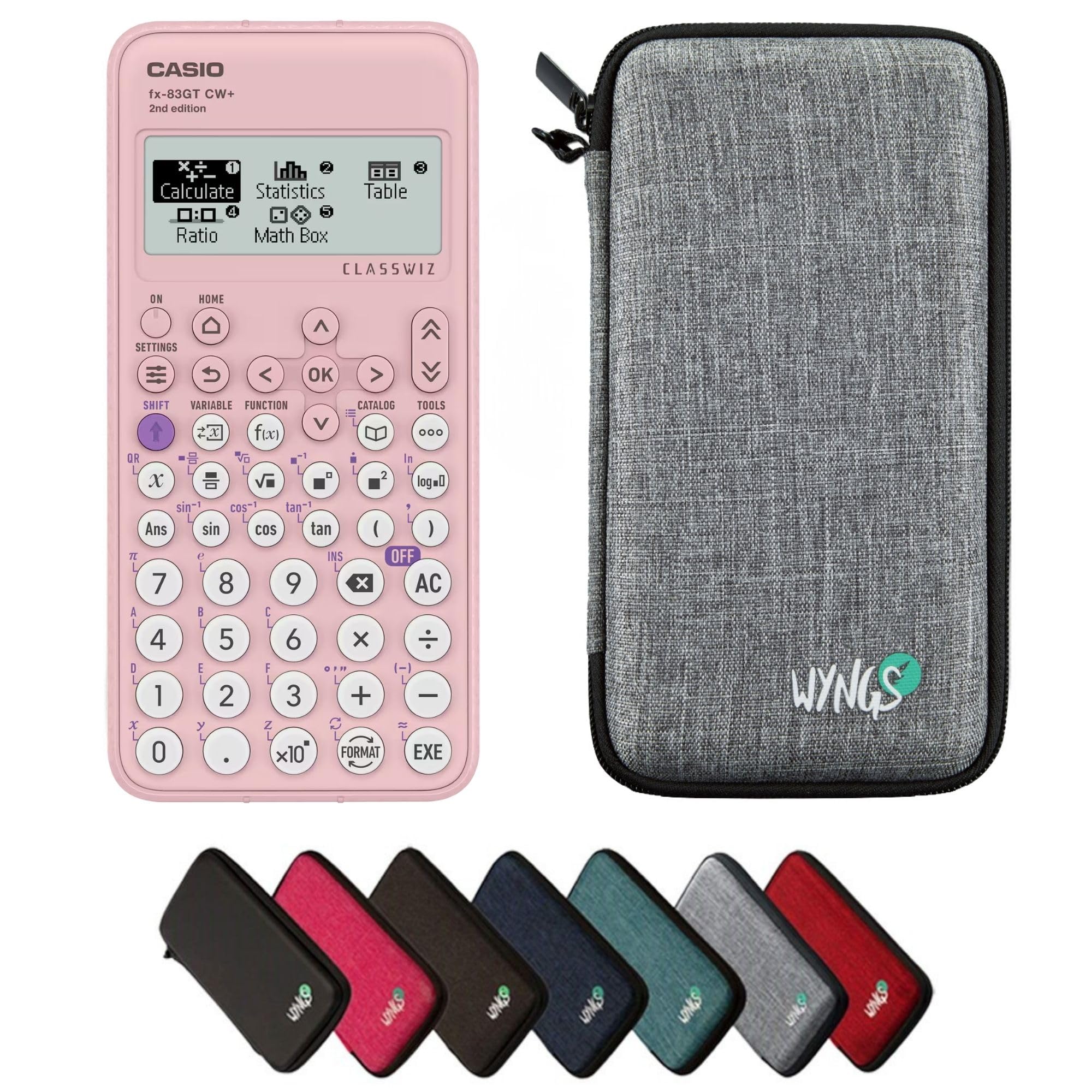 Casio fx-83GTCW+ Pink including a WYNGS protective case in Light Grey - Basic Set