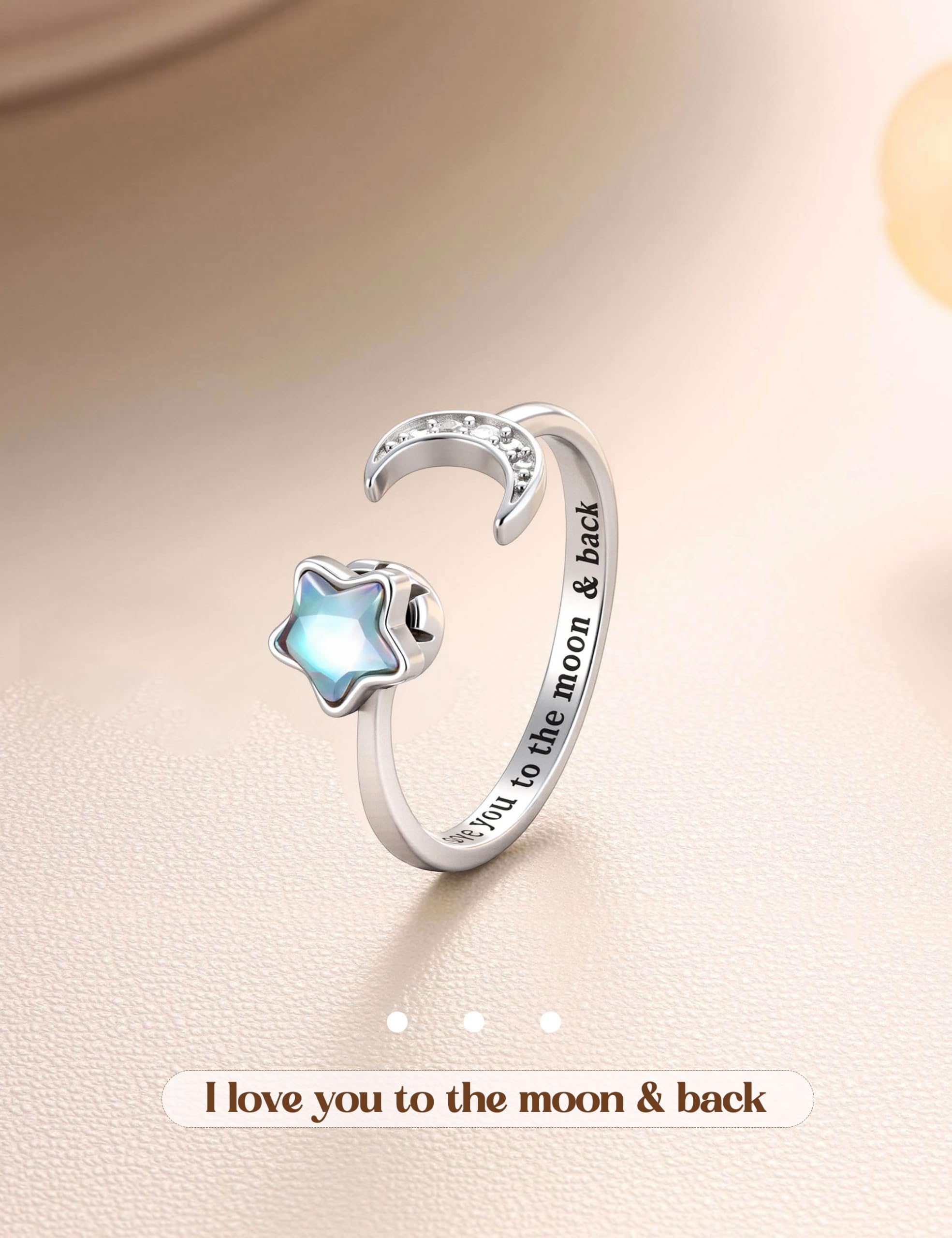 WBDWWTD MILACOLATO Fidget Ring für Frauen Kinder Mädchen Unruhe Ringe offen Einstellbare Silber Sonnenblume Opal Mondstein Stern Mond Schnee Lotus Spinner Ringe