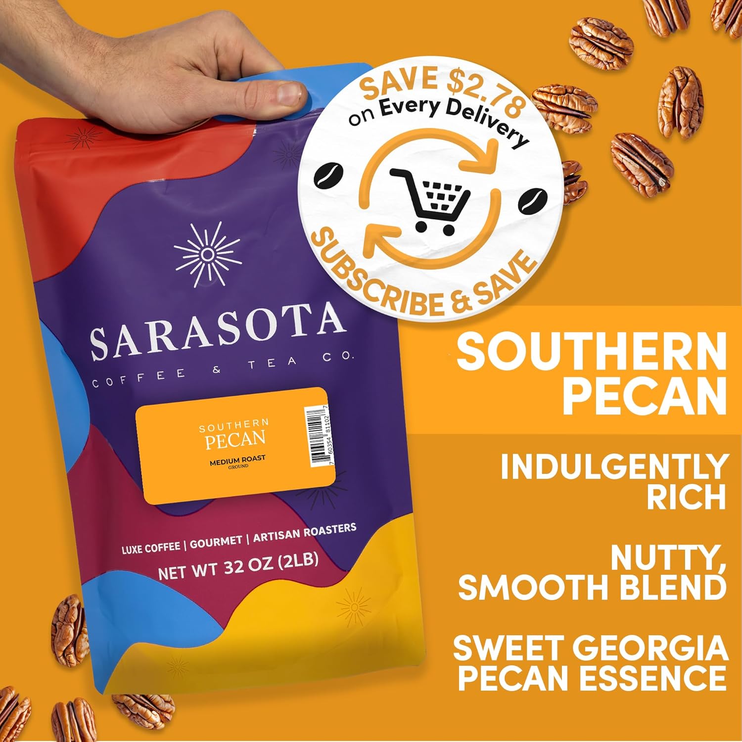 2 lb Southern Pecan Ground Coffee | Pecan Flavored Coffee Medium Roast | Bulk Nutty Butter Pecan | Specialty Grade | 32 oz