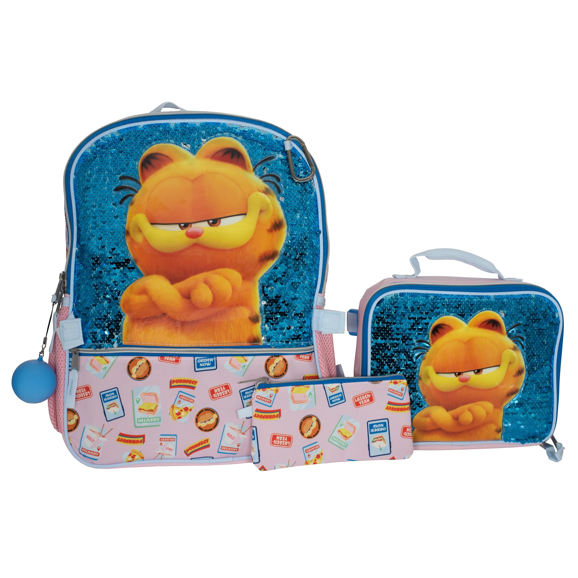 AI ACCESSORY INNOVATIONS Garfield 5 Piece Backpack Set, Cat Bookbag, Flip Sequins 16” School Bag, Blue & Pink