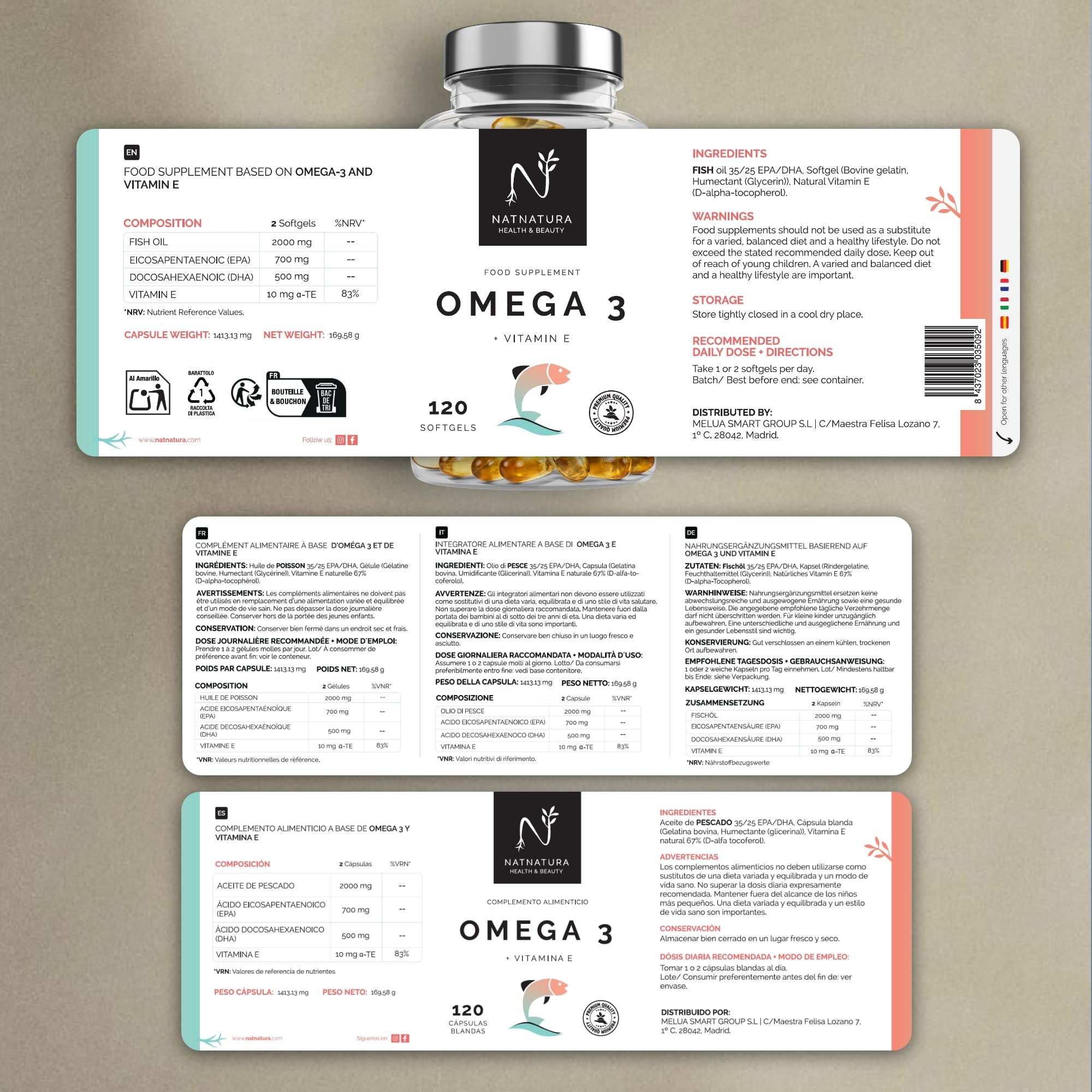 Oméga 3 concentration maximale EPA - DHA. Acides gras oméga 3 (2 000 mg) + vitamine E à base d'huile de poisson sauvage. 120 perles molles