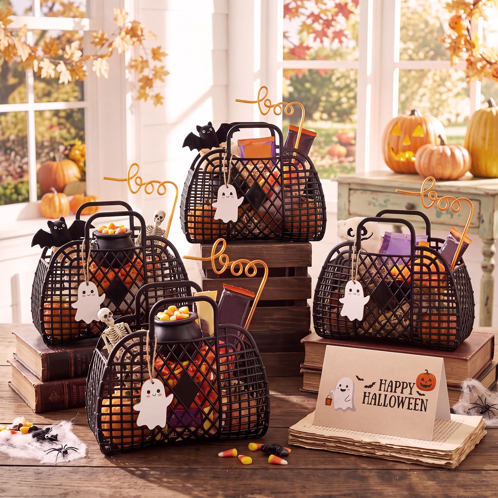 Pinkunn Juego de 6 cestas de Halloween con diseño de fantasma de Halloween, cubos de gelatina con etiquetas de fantasma, pajitas "boo", tarjetas de felicitación, bolsas de regalo de dulces, regalos de