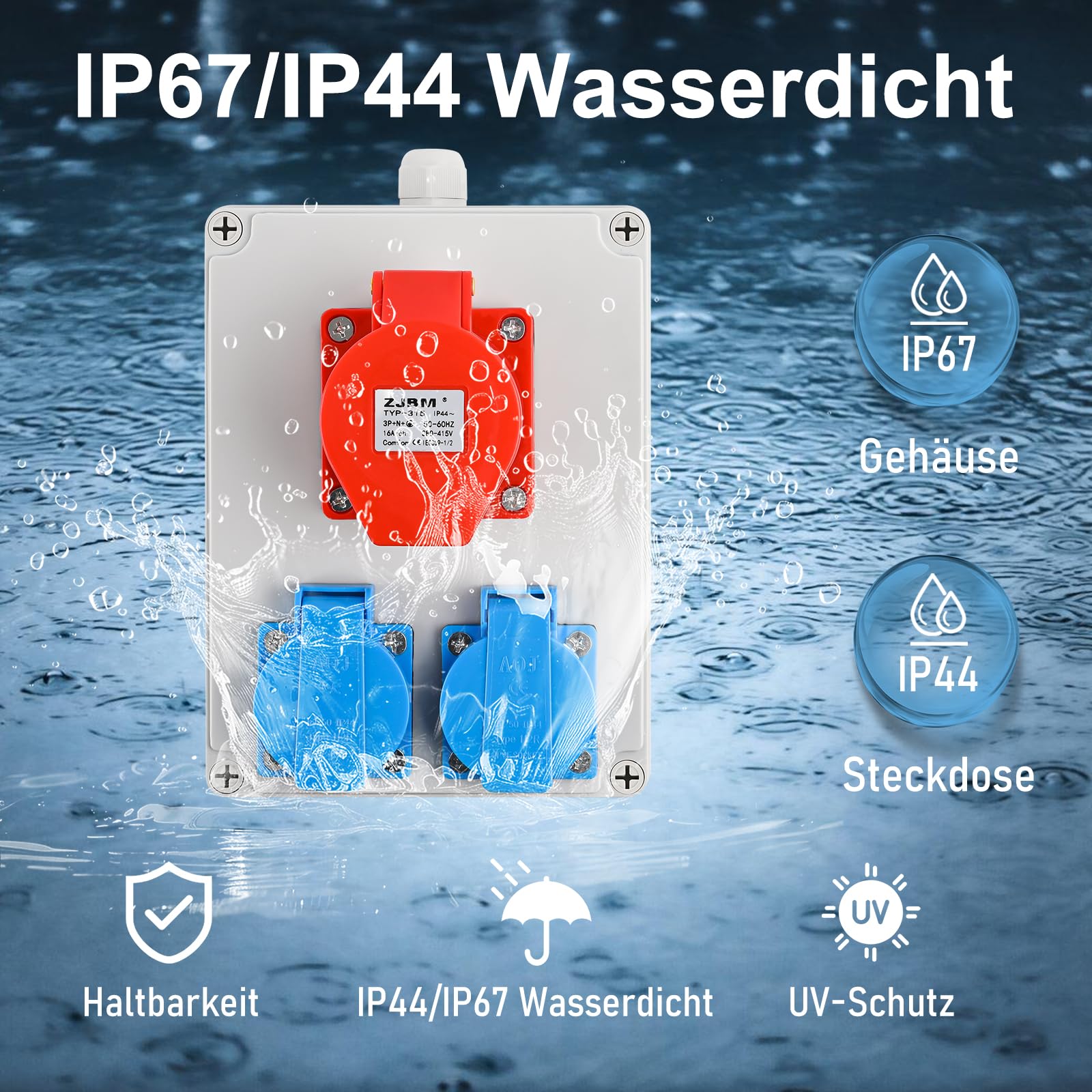 TEOV Kombi Wandsteckdose, CEE-Steckdose 5 polig 16A 400V + 2x Schuko-Steckdose 220V, IP44 Wandsteckdose mit Abdeckung