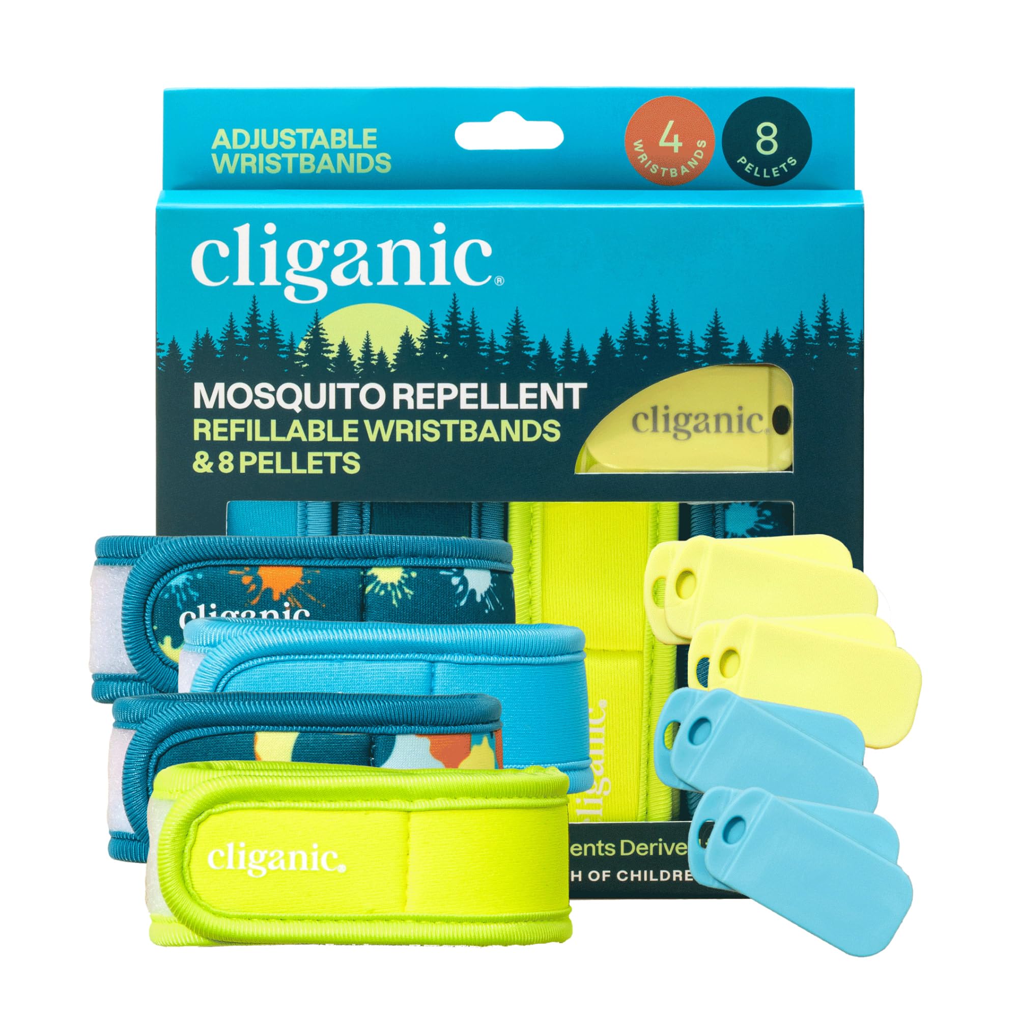Cliganic Mosquito Repellent Pack (4 Wristbands + 8 Refill Pellets) - Adjustable, Natural DEET-Free, Essential Oil Infused