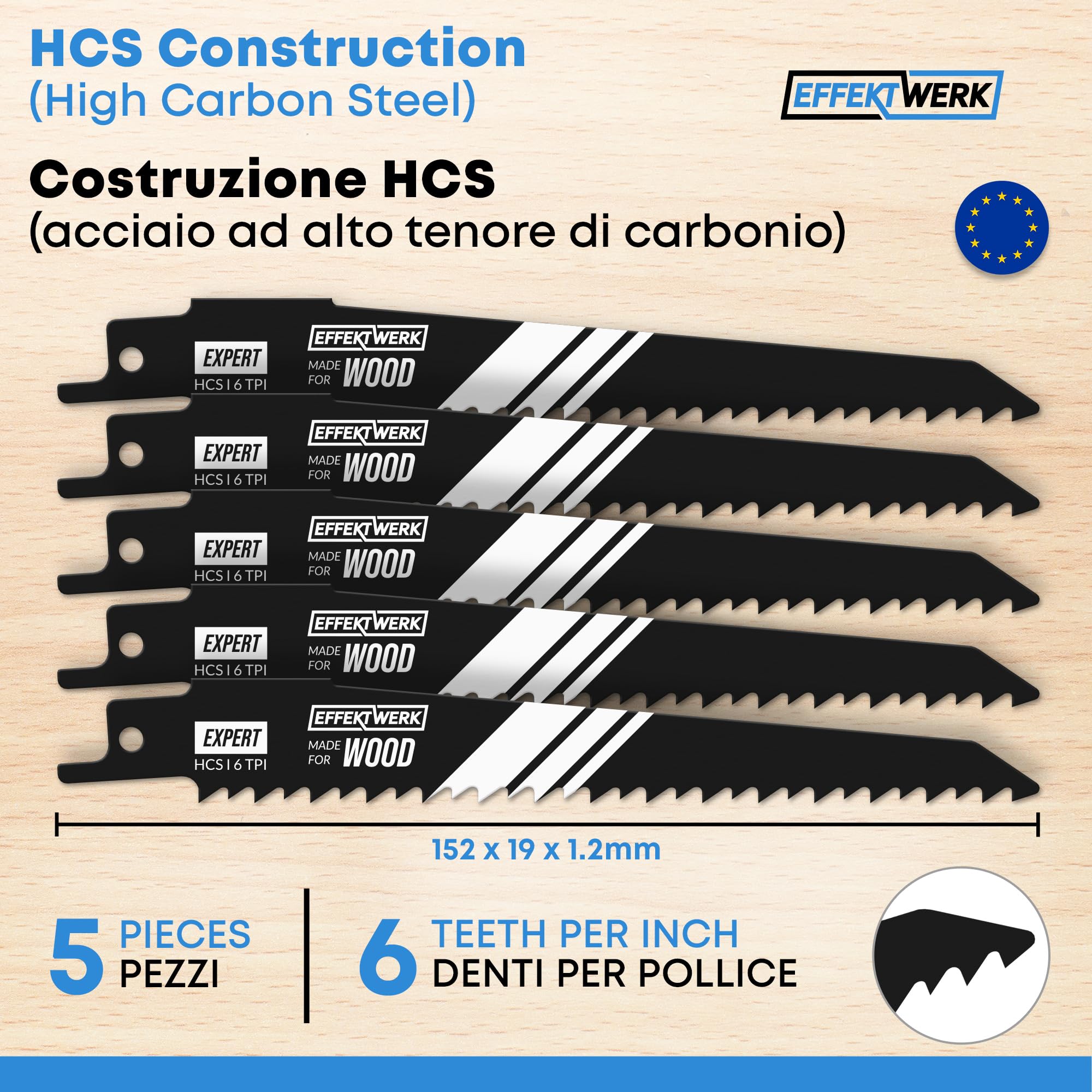 Lame per sega alternativa per legno (5 pezzi) per taglio di legno e plastica, lame per sega universale in acciaio ad alto tenore di carbonio (HCS) con 6 TPI (denti per pollice)