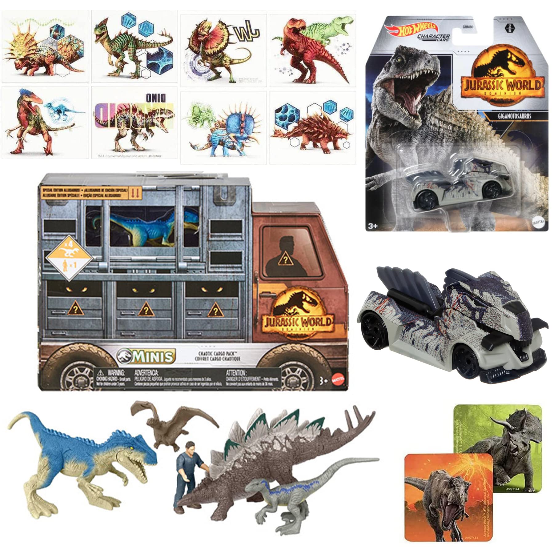 Cargo Pack Jurassic World Dinosaur Vehicle Bundled with Character Car Dominion + 3D Dino Blue Mini Mag + Figure Hanger Blind Bag + Rapid Rescue Figure & Transport 4-Items