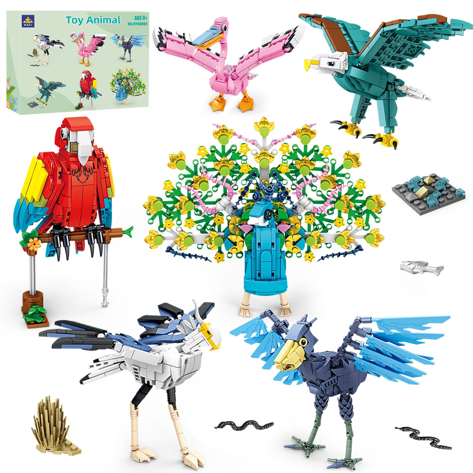 KAZIBird Building Toy Set,Parrot,Peacock,Fun Building Blocks for Kids Ages 8 and Up,Build and Display Birds Model for Bird Enthusiasts,Easter Basket Stuffers,Gift for Birds Lovers,Party Favors