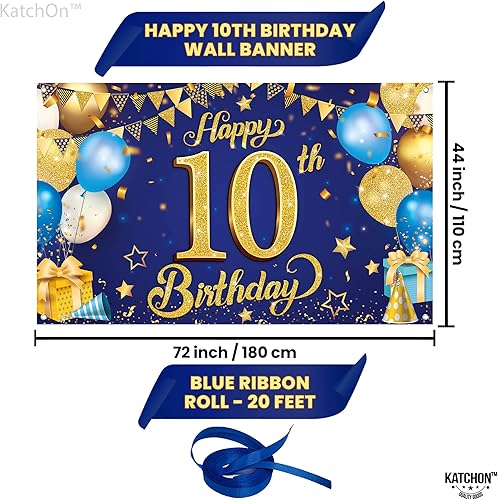 Miniatura 4 de KatchOn, Pancarta de feliz cumpleaños número 10 azul y dorado, XL, 72 x 44 pulgadas, decoraciones de cumpleaños número 10 para niñas, pancarta de
