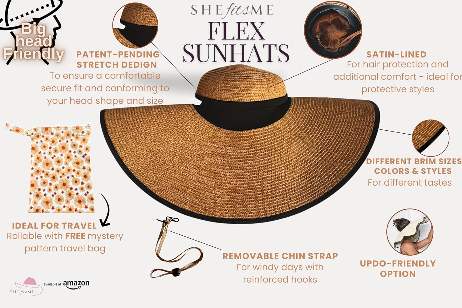 SHEfitsME Flex Beach Sun Hat for Women Satin-Lined Rollable Removable Chin Strap UPF50 Big-Head Friendly with Travel Bag