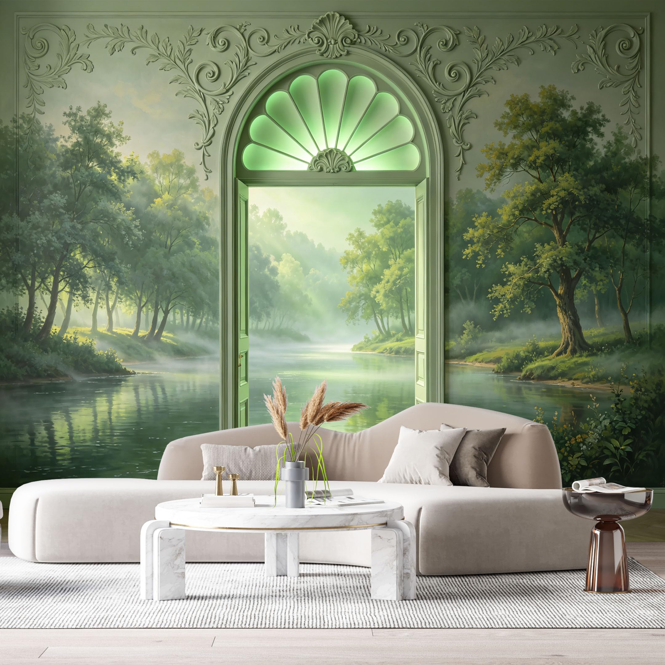 Custom Size Wall Murals Misty Forest Landscape River Stream Scalloped Fanlight 3D Trompe L'Oeil SelfAdhesiveWall Fabric Removable Wallpaper Wall Decor for Living Room Bedroom Bathroom