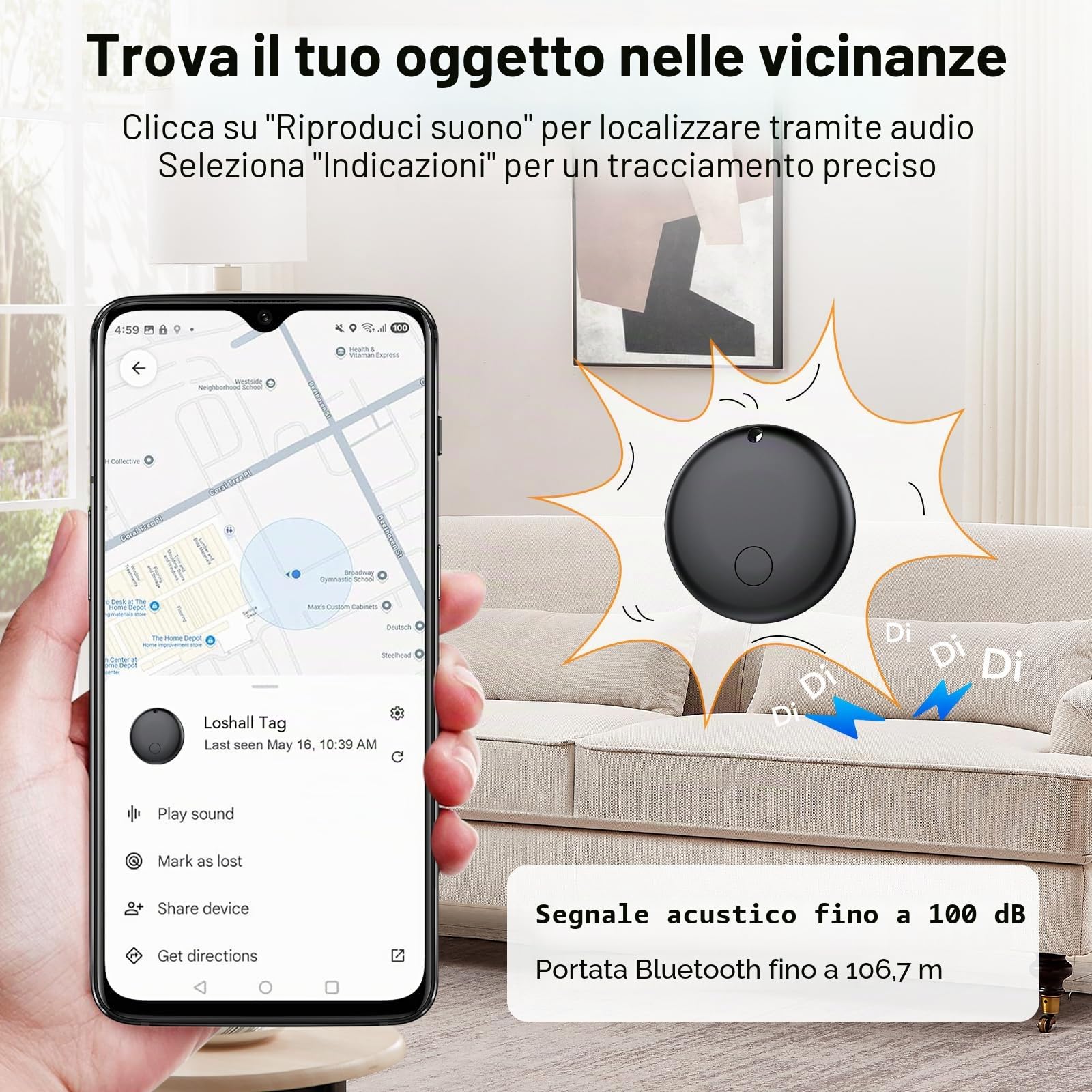 Android Smart Tag, Tracker con Google's Find Hub (Solo Android), IP68 Impermeabile, Bluetooth Localizzatore con Custodia Protettiva, Trova Oggetti per Chiavi/Bagagli/Portafogli, 4 Nero