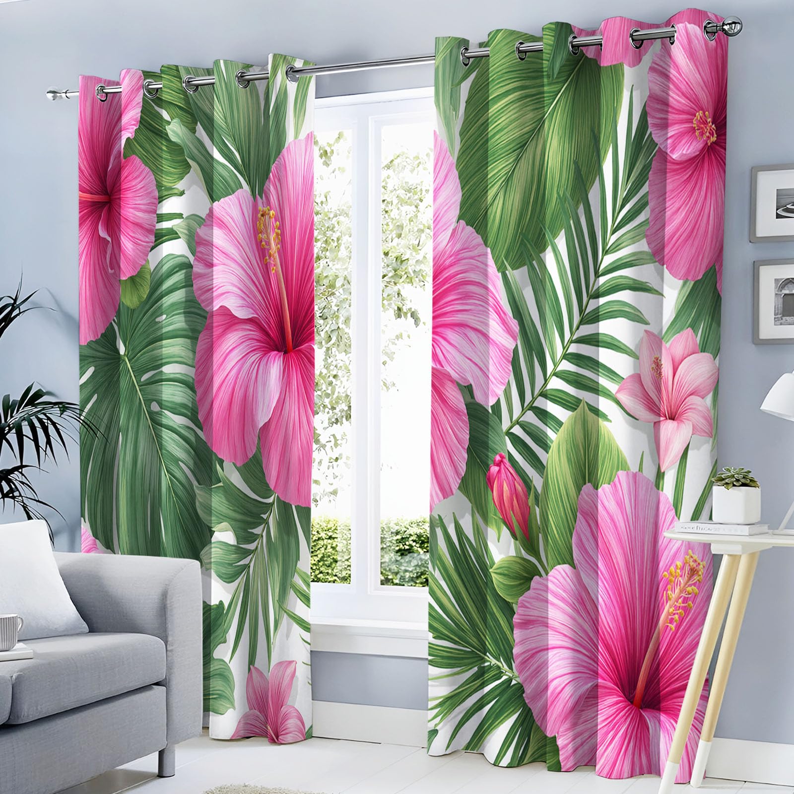 Rideau occultant hibiscus rose vert 140x175 cm | Lot de 2 rideaux thermiques