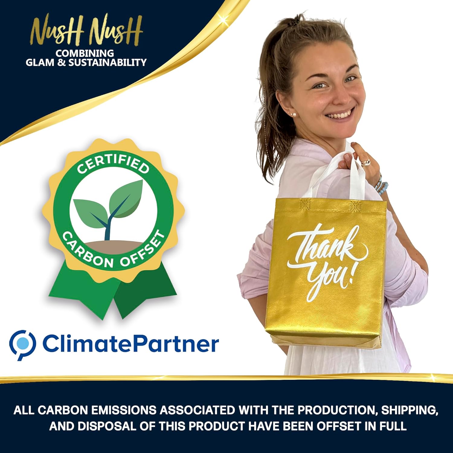 Nush Nush Gold Thank You Gift Bags Medium Size with White Print – Set of 12 Reusable Thank You Bags with Handles - Perfect As Goodie, Birthday, Thanksgiving, Return, Party Favor Bags – 8Wx4Dx10H - Image 4