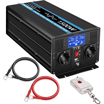 JIGUUN 1500 W 3000 W Pure Sine Wave Voltage Converter 12 V 230 V with 30 A Charger and Mains Priority Switch and UPS 2 EU Sockets Wireless Remote Control and LCD Display