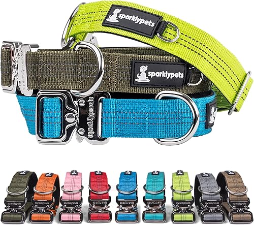 Miniatura 8 de SparklyPets Collar ancho resistente para perro con hebilla cromada de liberación rápida, collar táctico para perro con rayas reflectantes y forro