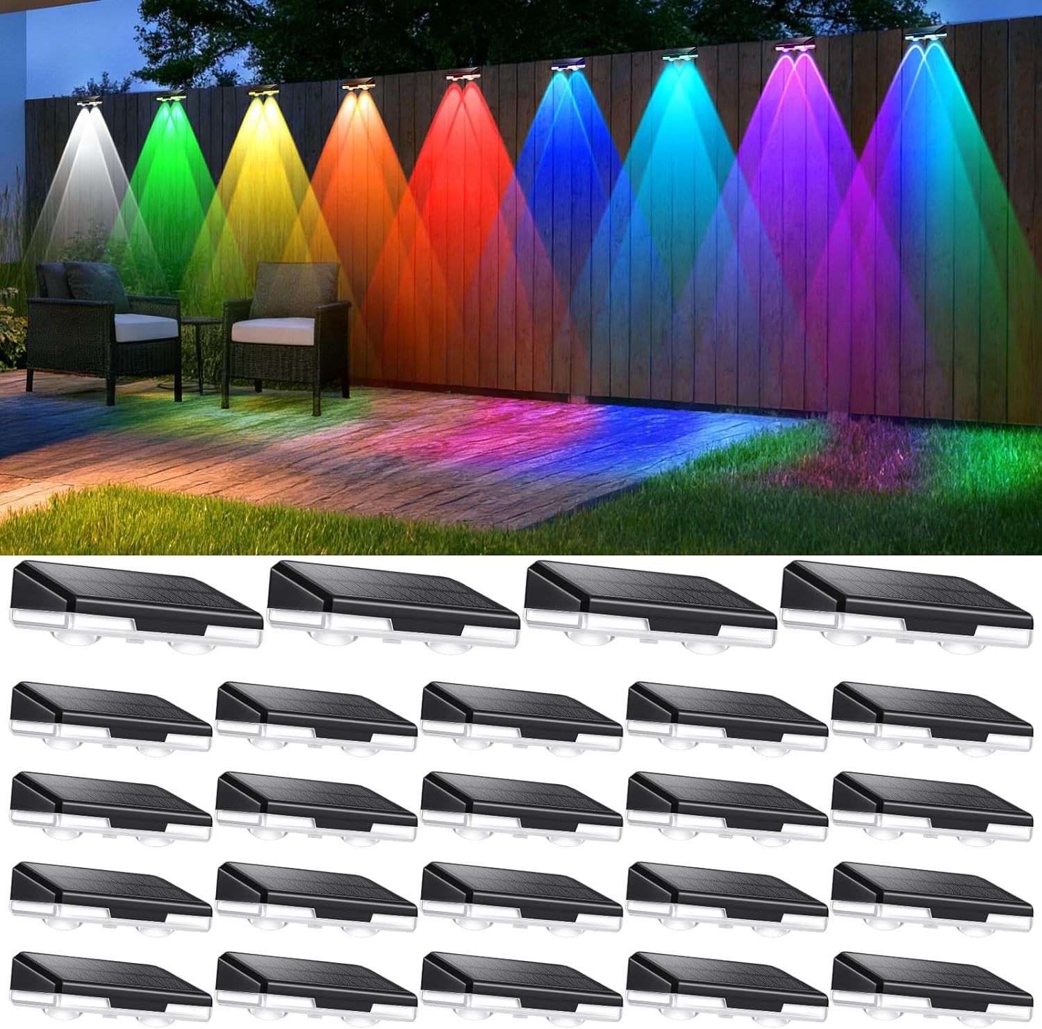 Solar Fence Lights Outdoor - 24 Pack IP65 Water Proof 9 Color Modes Solar Fence Lights Outdoor LED Deck Light - Dusk to Dawn 12+ Hours Steady Glow for Deck/Backyard/Patio/Pool/Wall （Black）
