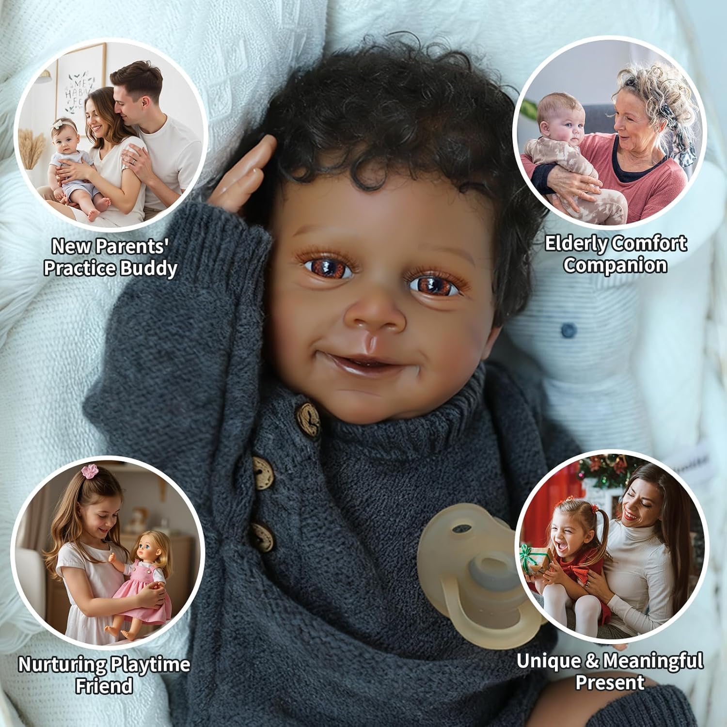 SCOM 18'' Realistic Reborn Baby Doll Black Boy, Soft Weighted Cloth Body & Vinyl Limbs, Hand-Rooted Hair, African American Lifelike Baby Doll with Outfit & Gift Box, Birthday Gift for 3+ Kid