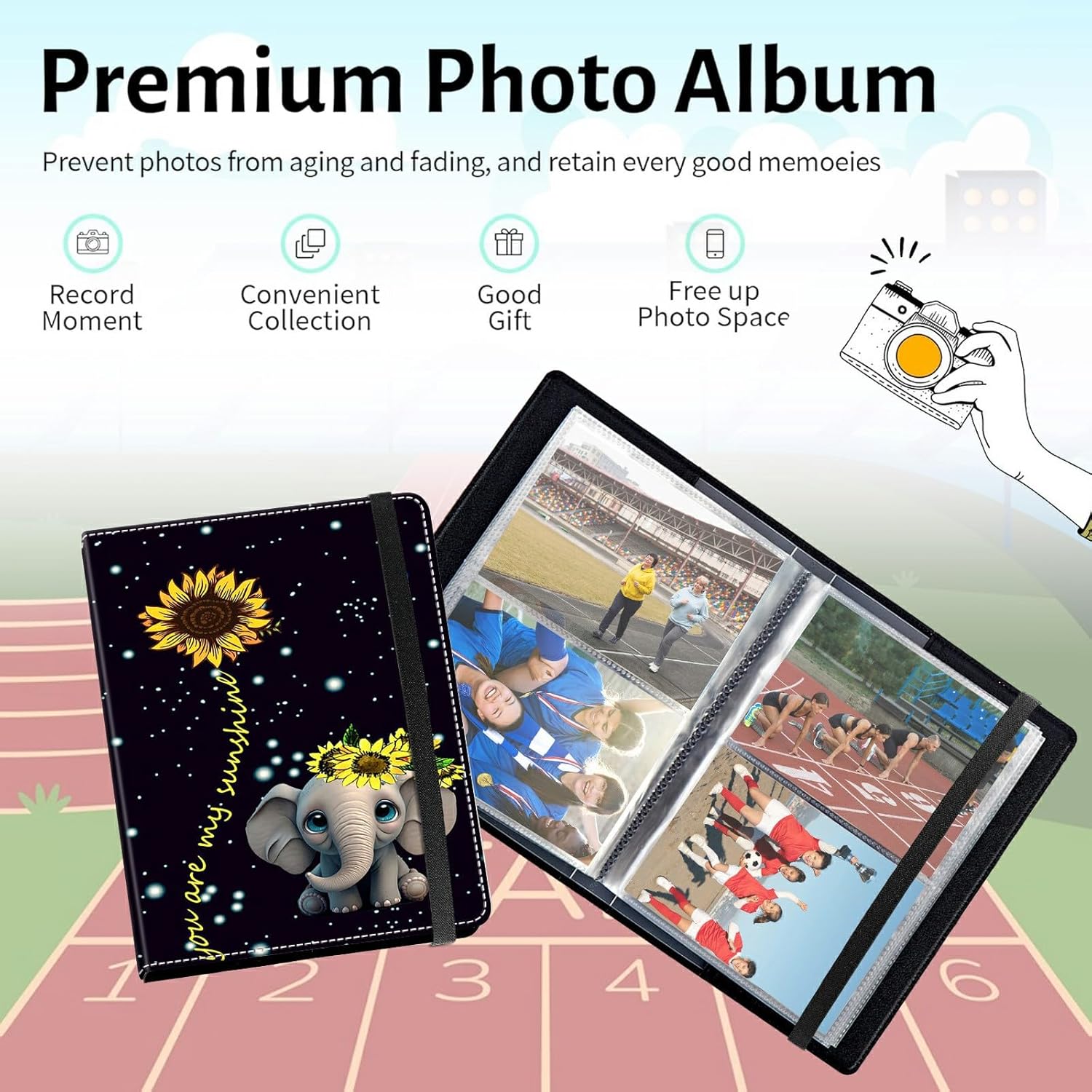 Photo Album 5x3.5" 80 Photos Pockets PU Leather Cover Photo Albums with Inner Transparent Pockets and Elastic Band Design for Family Anniversary Wedding Baby Pets,Elephant Sunflower