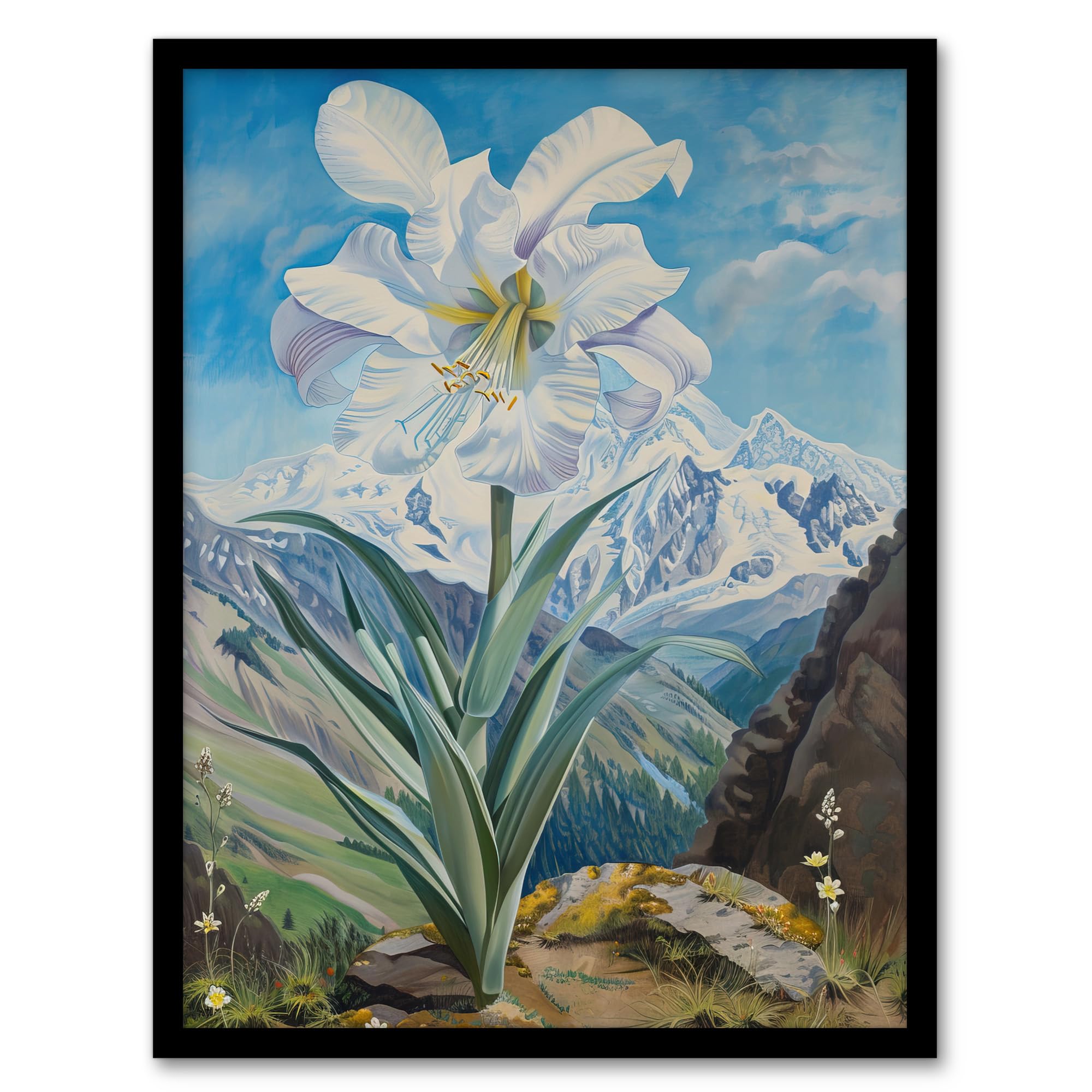 Artery8 Wild White Lily Mont Blanc Mountain Landscape Living Room Artwork Framed Wall Art Print 18X24 Inch