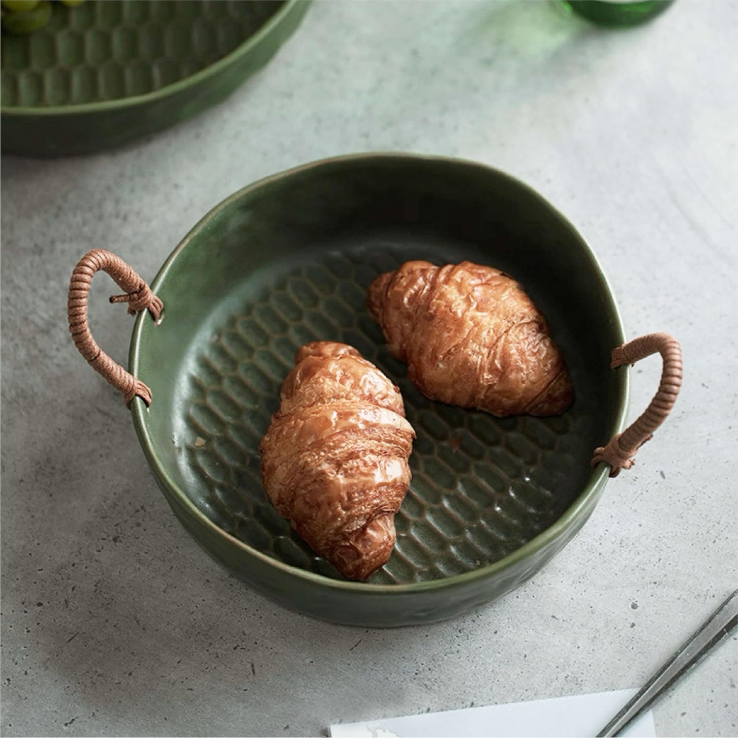 10" Ceramic Fruit Bowl with Woven Handles - Rustic Serving Dish with Speckled Glaze - Handcrafted Decorative Centerpiece Tray for Kitchen Counter (Green, 10 Inch)