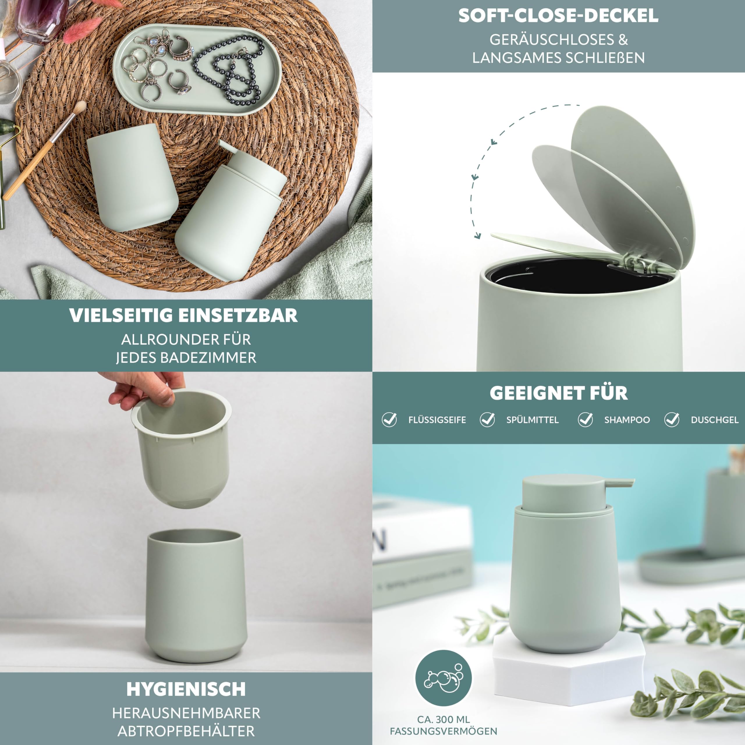 eluno Badezimmer-Set TESERO mit Soft-Touch Oberfläche, Bad-Accessoires Set 5tlg. aus Seifenspender, Becher, Schale, Kosmetikeimer, WC-Garnitur für Badezimmer und Gäste-WC aus Kunststoff (Salbei)