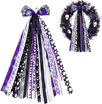 Halloween Wreath Sash For Front Door,Black Purple Ribbon Bows With Clip