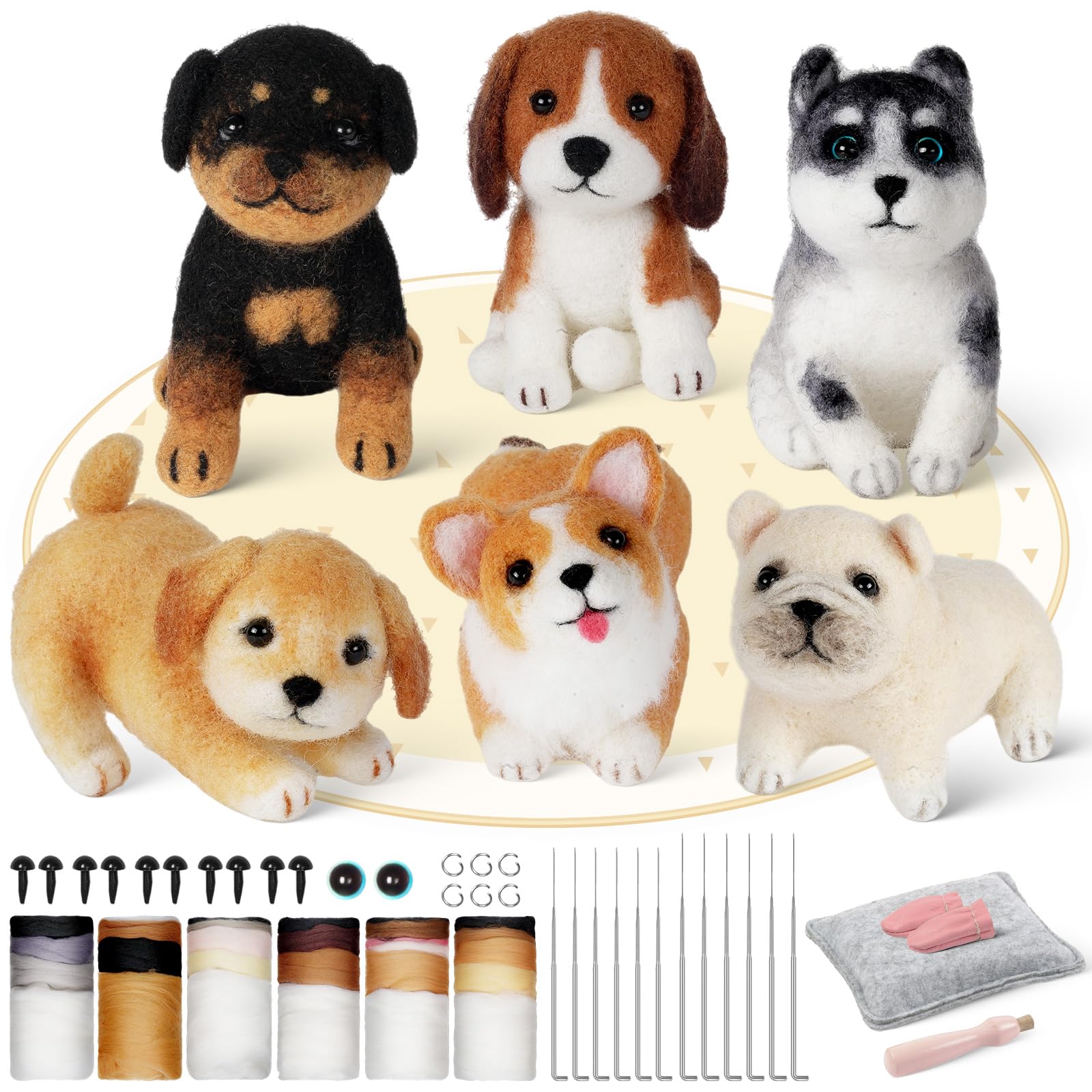 Gipony Needle Felting Kit, 6 PCS Farm Animal Needle Felting Beginner Kits, Wool Felt Needle Felting Tools Foam Pad, Craft Party Supplies for Beginners Adult(The Dog Family)